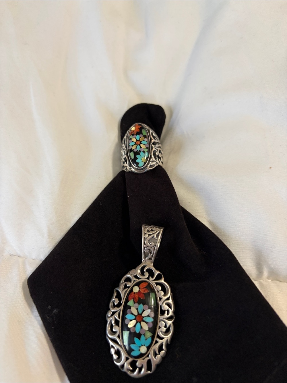 Carolyn Pollack Silver Floral Inlay Ring & Pendant - Turquoise & Coral